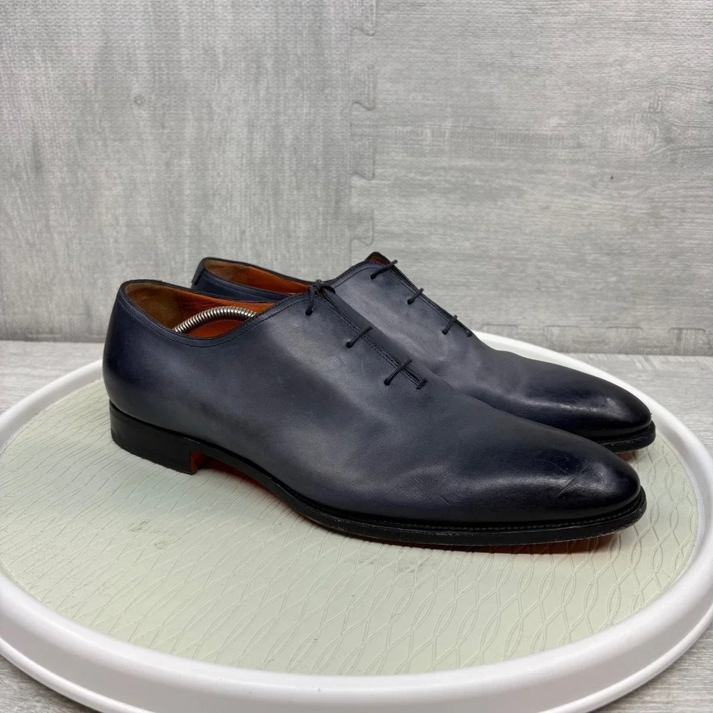 Santoni 2152 Dress Shoes Hand Antiqued Plain Toe Bal Oxford Blue Ombre Leather
